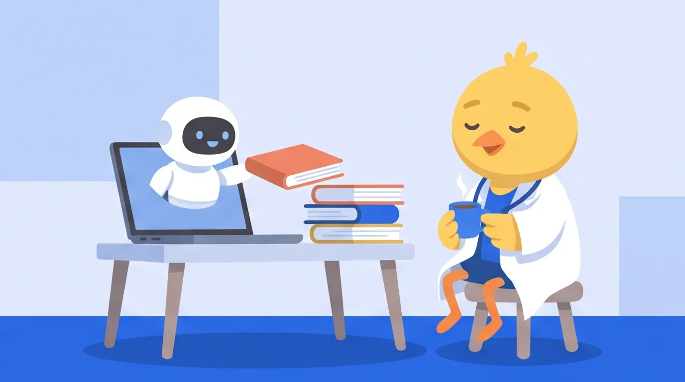 A chick doctor drinks tea after handing a stack of cut pages to a small, round, white robot assistant poking its head out of a laptop screen