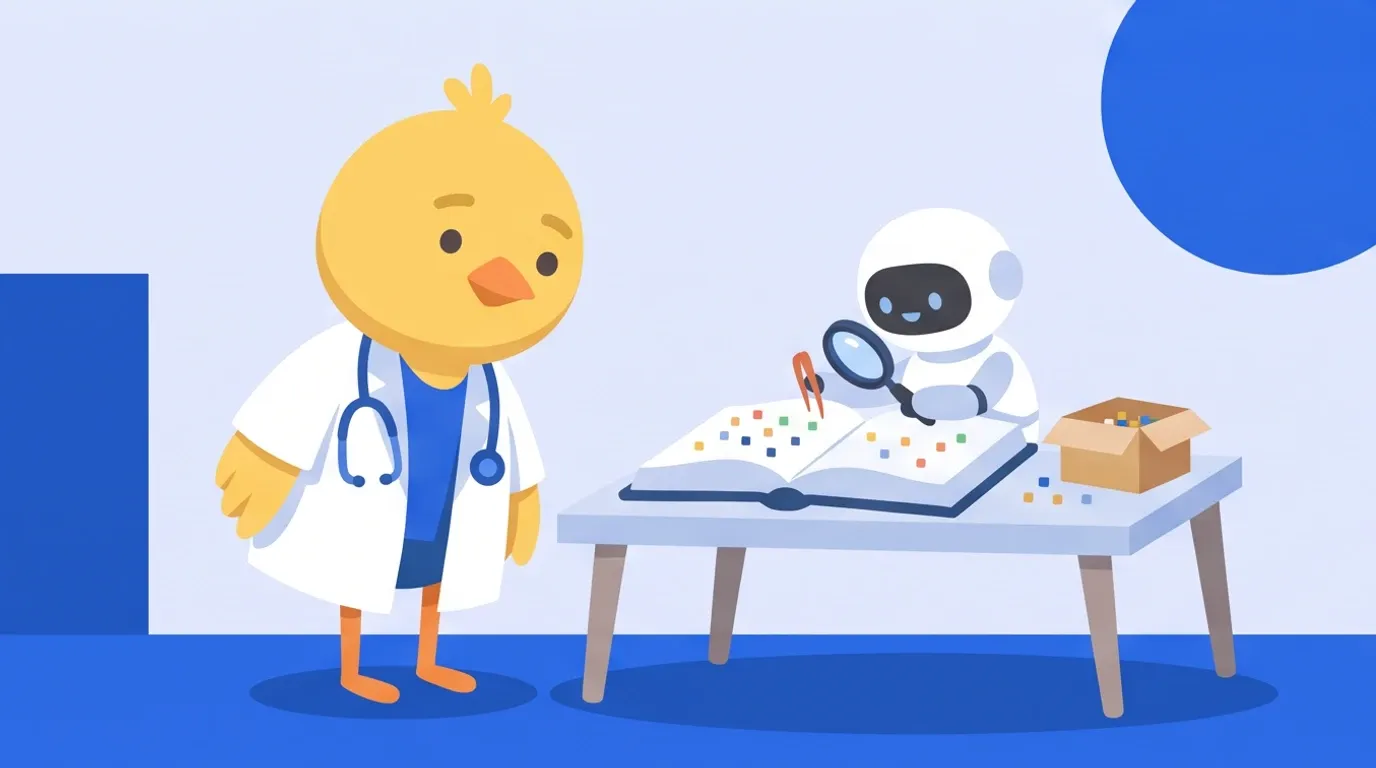 A chick doctor watches a small, round, white robot assistant with a magnifying glass pick small square grains off a page one by one and gather them in a little box