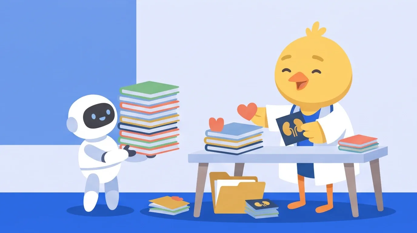 A chick doctor receives a pile of thin booklets brought by a small, round, white robot assistant and sorts them, inserting bookmarks shaped like a heart and a kidney
