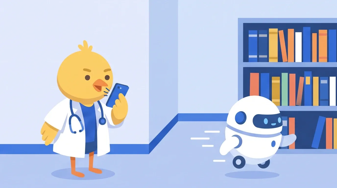 A chick doctor quietly asks a question into a smartphone in a hospital corridor, and a small, round, white robot assistant on the screen runs toward a bookshelf