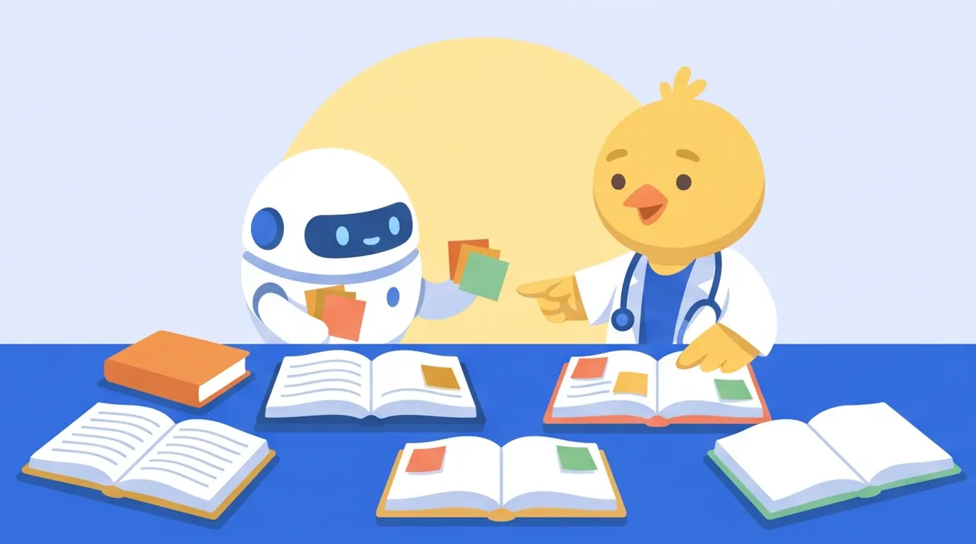 A chick doctor stands beside a small, round, white robot assistant holding sticky notes in four colors, opening many books at once and putting sticky notes on the hits