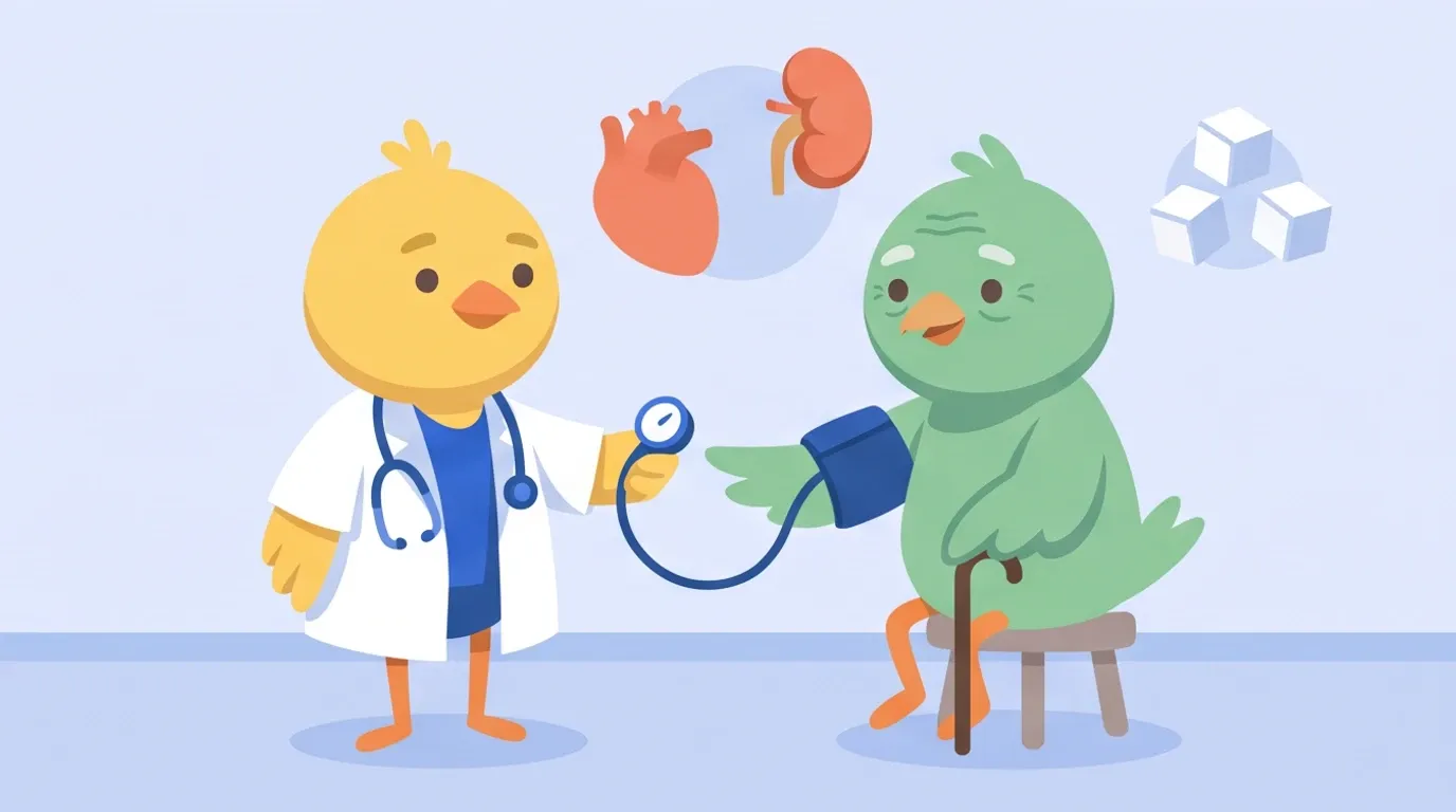 A chick doctor measures the blood pressure of an elderly, differently colored bird with a cane in an exam room where pictures of a heart, a kidney, and a sugar cube float in the air