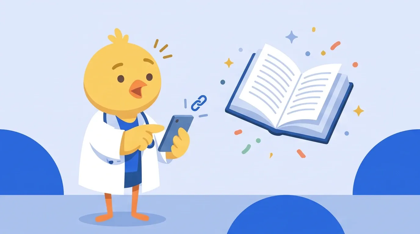 A chick doctor taps a small chain-link-shaped button on a smartphone and is surprised as a book page instantly opens in front of it