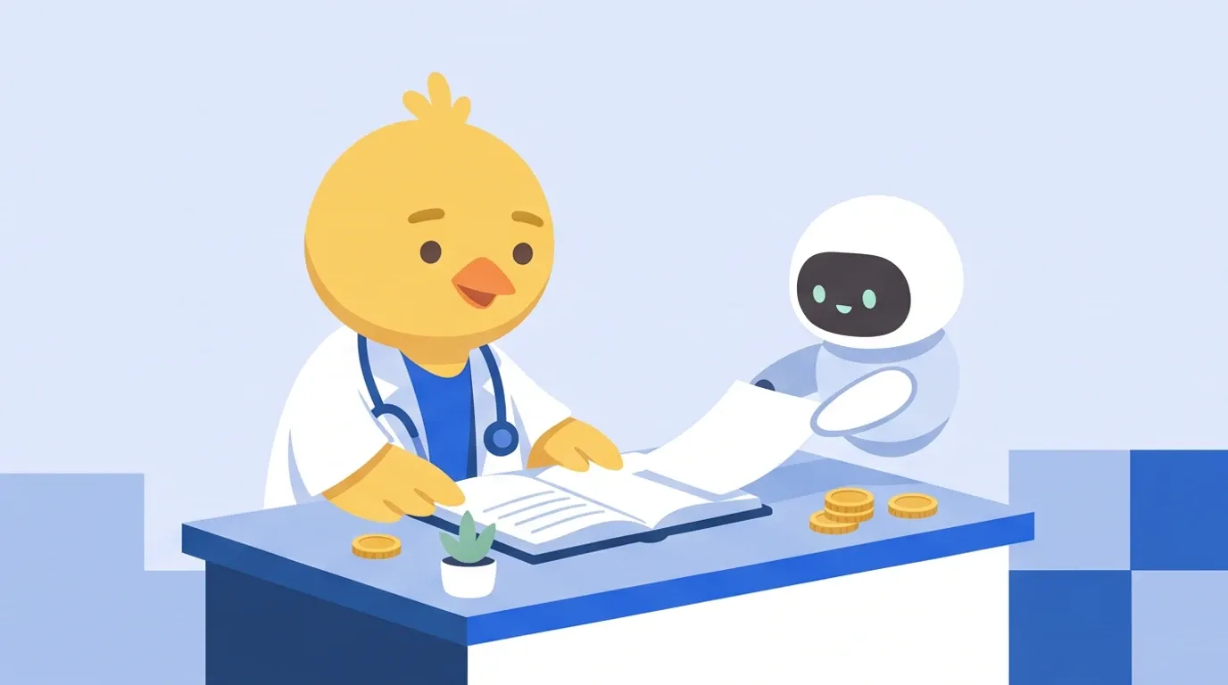 A chick doctor checks as a small, round, white robot assistant inserts a new page into its own notebook spread open on the desk