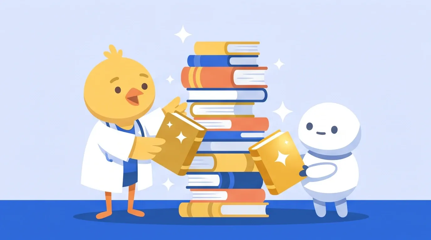 A chick doctor and a small, round, white robot assistant pull a few glowing books from near the bottom of a tall pile and rearrange them at the very top