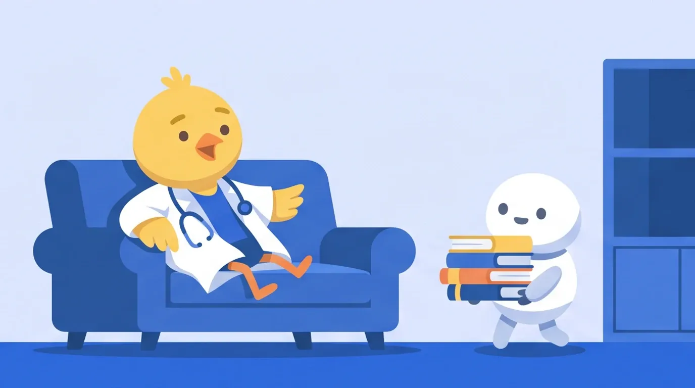 A chick doctor relaxes on a sofa, watching a small, round, white robot assistant carry stacks of pages together onto a shelf