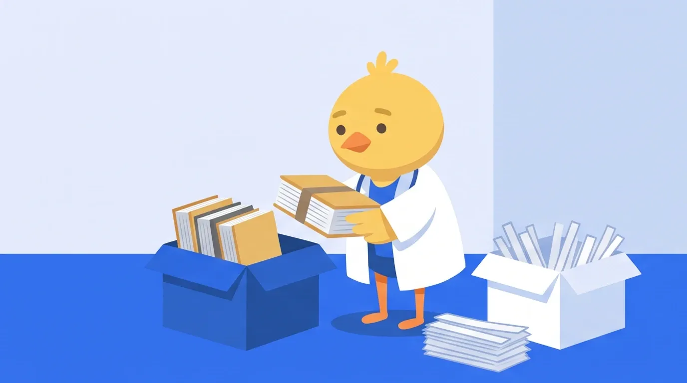 A chick doctor puts a stack of cut pages into a blue box and long, thin strips of paper into a white box, keeping them separate