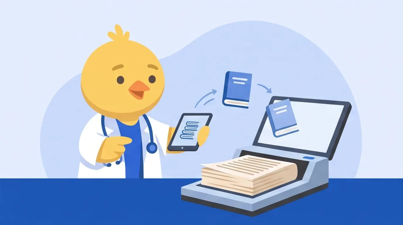 A chick doctor feeds a thick medical book with its spine cut off into a scanner and watches many books fit into the tablet in its hand