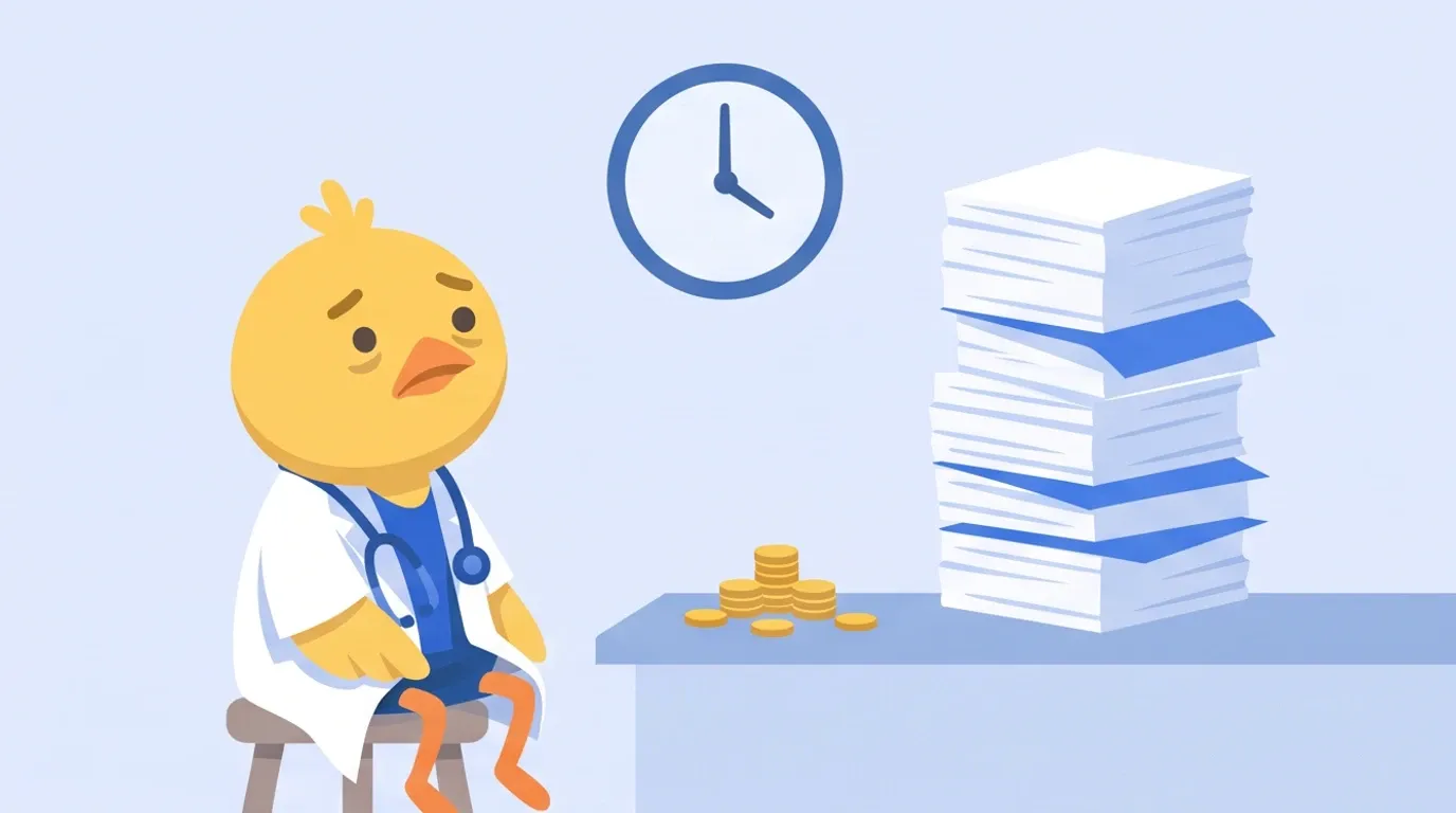 ヒヨコの医師が、壁の時計を見上げながら、机の上の小さな硬貨の山と積み上げた資料の束を見比べ、ため息をついている