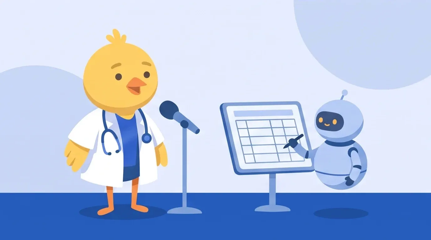 ヒヨコの医師がマイクに向かって話すと、隣の小さな丸いロボットがそれを聞き取り、カードに格子の表を書き起こしている