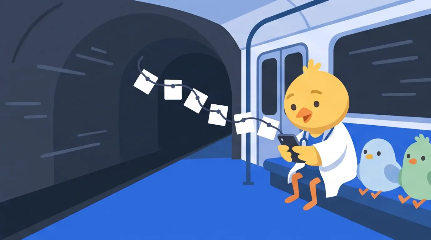 トンネルを走る電車の中で、ヒヨコの医師がスマホを手に、糸で結ばれたカードを次々にたどって楽しそうに読んでいる