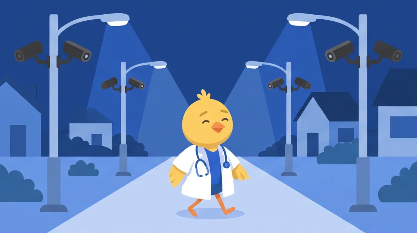 A chick doctor walks with a relieved face down a wide street at night, watched over by many surveillance cameras lined up on every lamppost