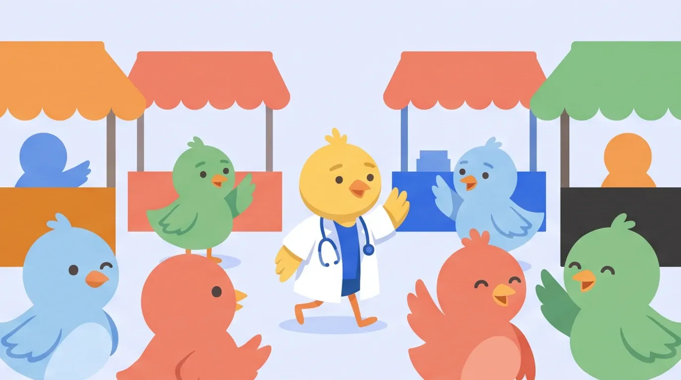 In a crowded daytime market, a chick doctor raises one hand in a quick greeting, and little birds of different colors smile and wave back