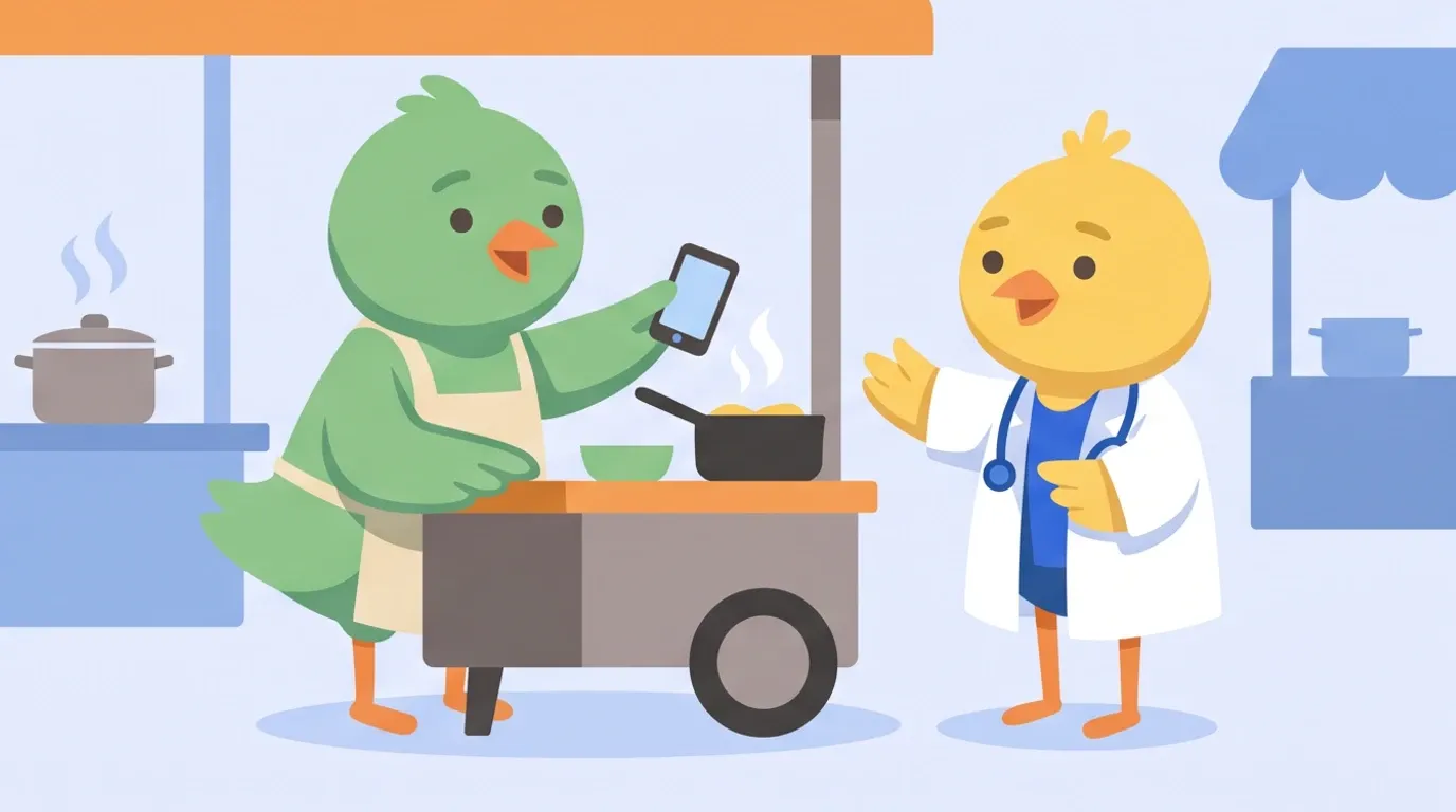 A little bird of a different color running a street stall holds out a smartphone and uses gestures to try to understand the chick doctor's order