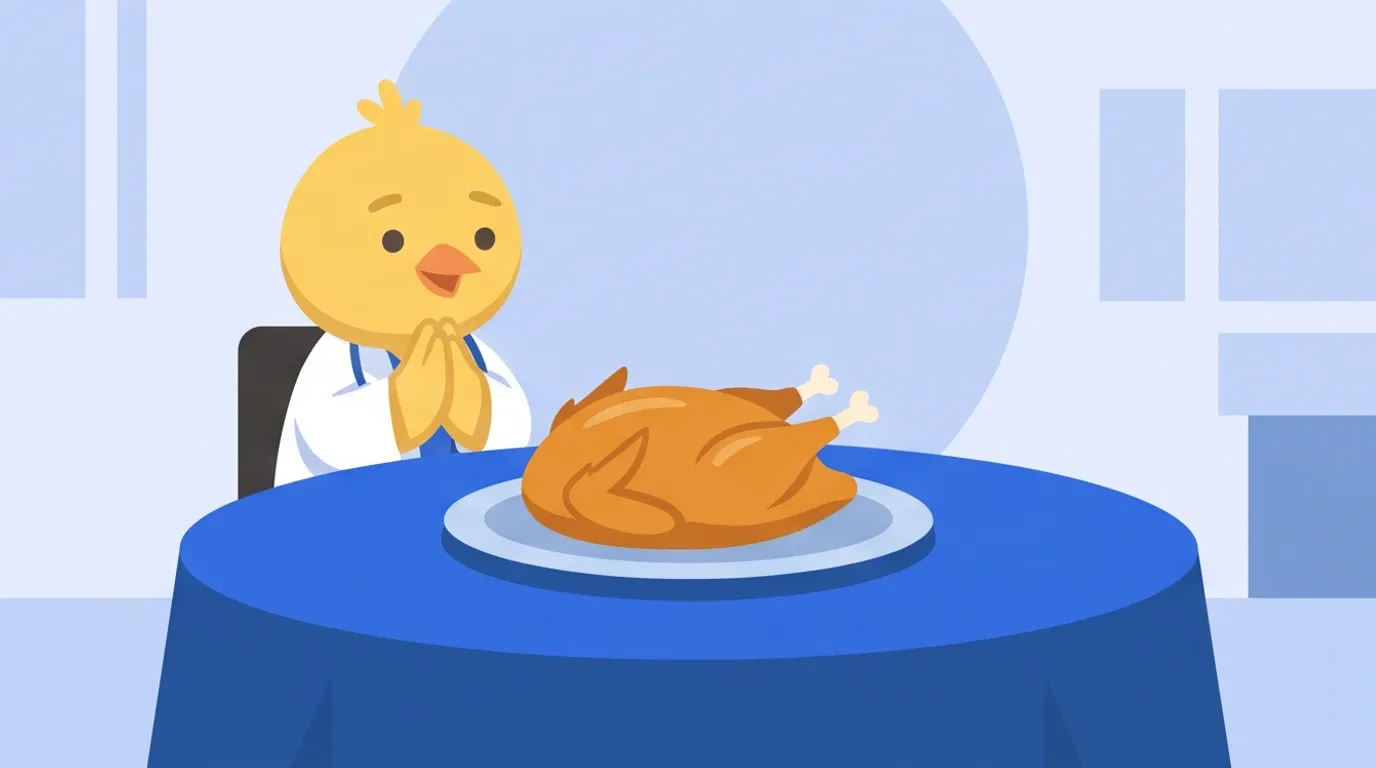 A chick doctor has a large round table with a whole Peking duck all to themselves, pressing their hands together in satisfaction