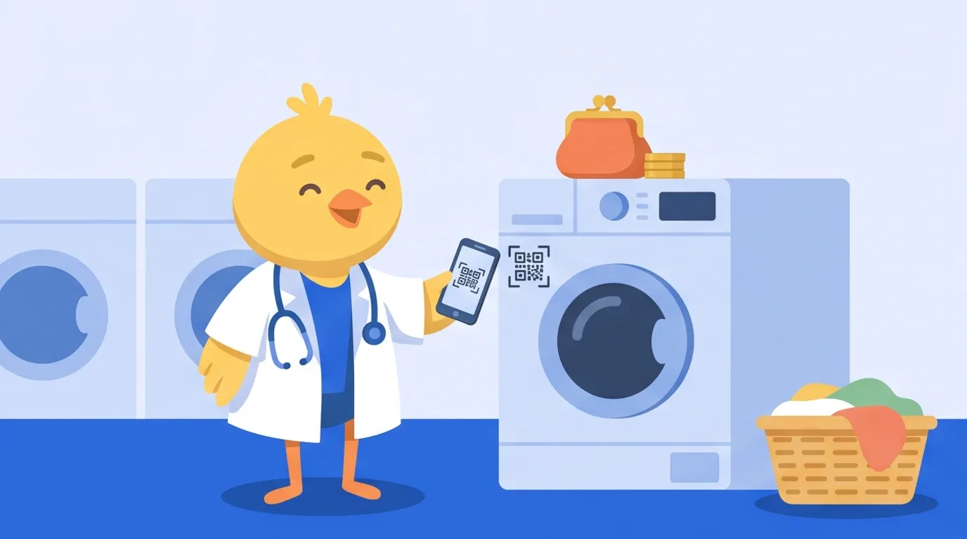 At a budget hotel's coin laundry, a chick doctor holds a smartphone up to a small square pattern beside the washing machine, smiling with their coin purse set aside