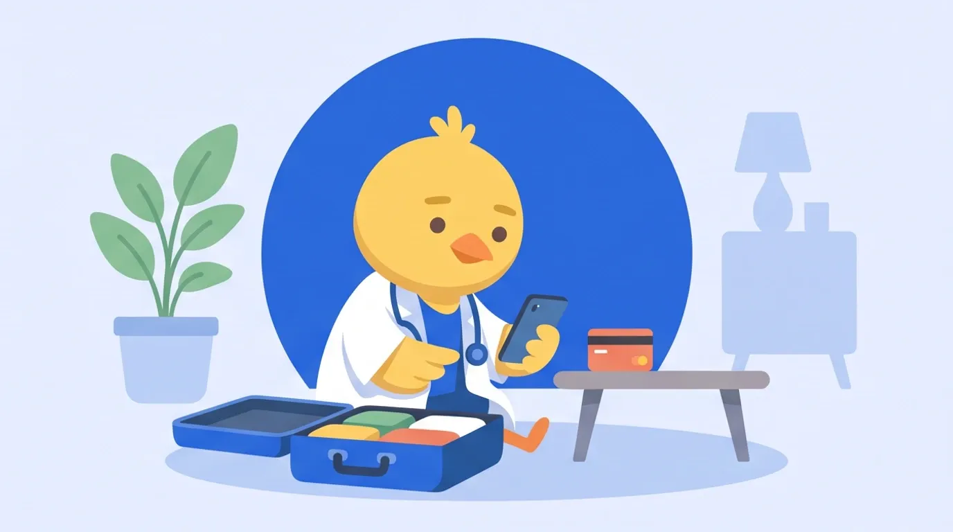 At home before departure, a chick doctor sits by an open suitcase, carefully setting things up with a smartphone and a credit card laid out side by side