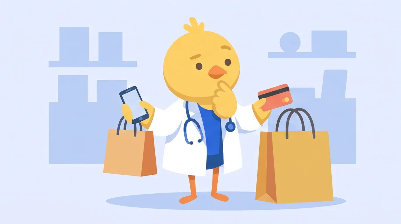 A chick doctor holds a small shopping bag and a large shopping bag in each hand, comparing them, planning to pay for the small one with a smartphone and the large one with a card