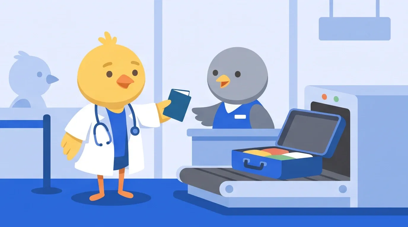 In the baggage screening line at a station entrance, a chick doctor hands over a passport and places a suitcase on the inspection machine