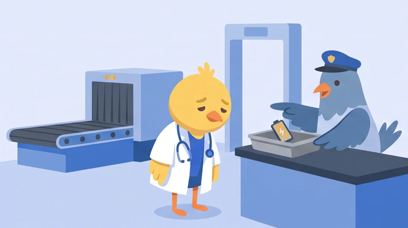 At an airport security checkpoint, a staff member, a little bird of a different color, takes away a small power bank while the chick doctor's shoulders slump