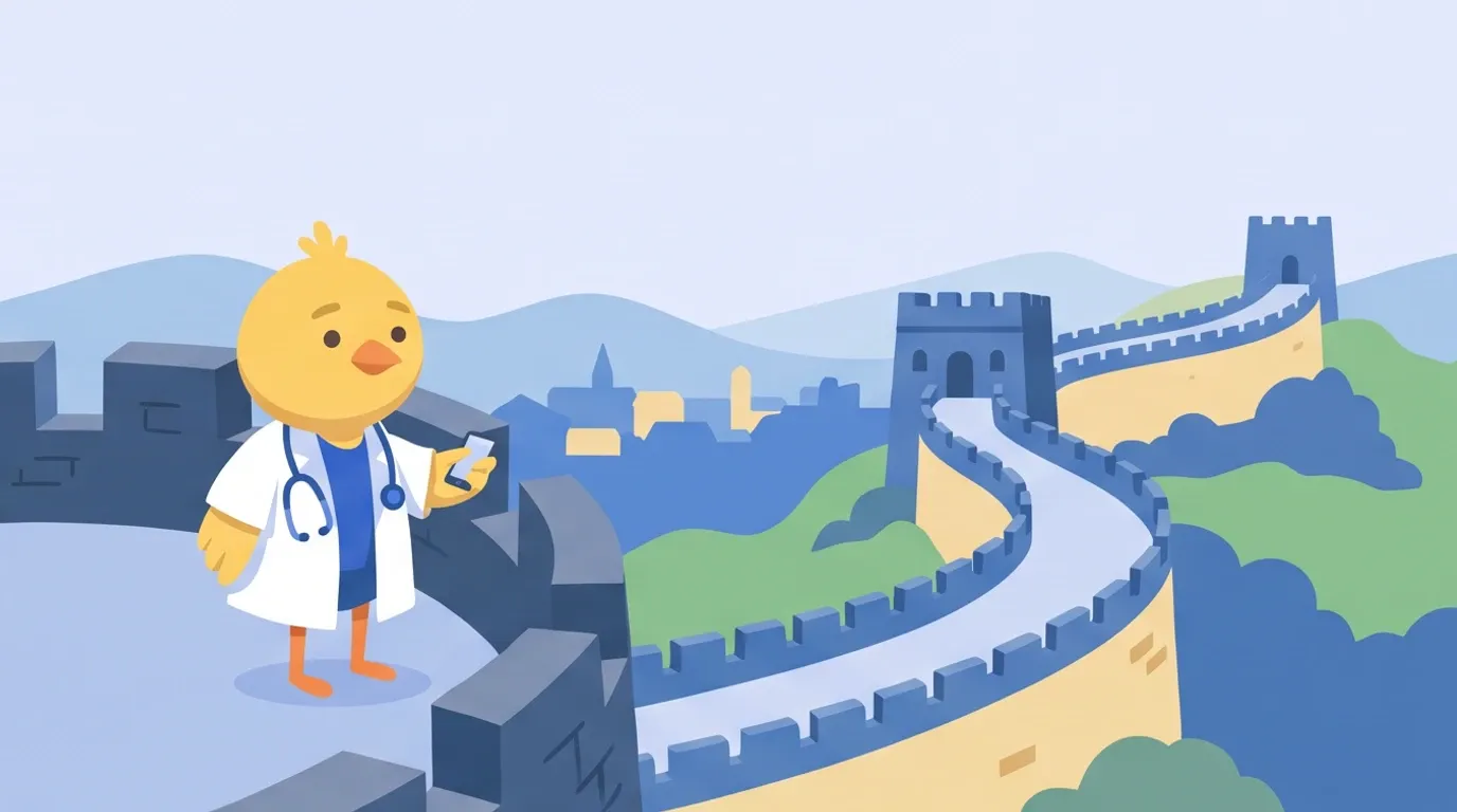 On top of an old city wall, a chick doctor holds nothing but a smartphone, looking out with satisfaction over the wall path and cityscape stretching into the distance