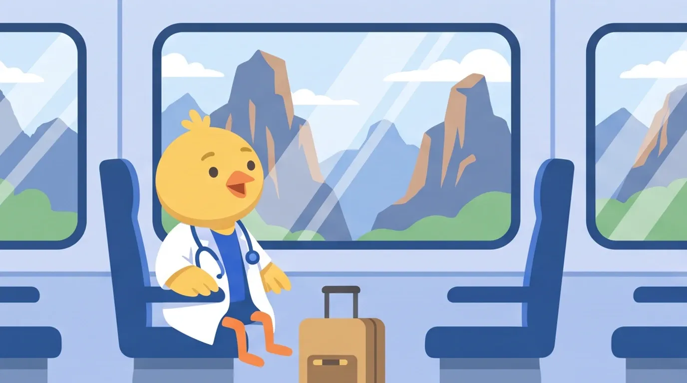 A chick doctor gazes excitedly out the window of a speeding high-speed train at a range of mountains with strange rock formations, a suitcase beside them