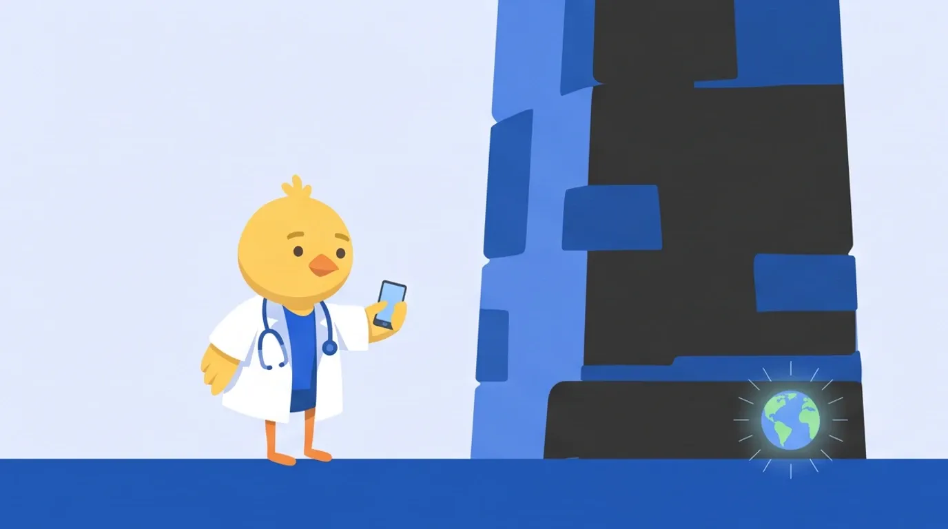 A chick doctor holds up a smartphone in front of a towering stone wall, looking at a small glowing globe at the end of a narrow tunnel running under the wall
