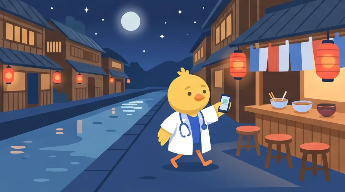 A chick doctor walks at night through an old riverside town of wooden buildings strung with red lanterns, holding up a smartphone to pay at a street stall