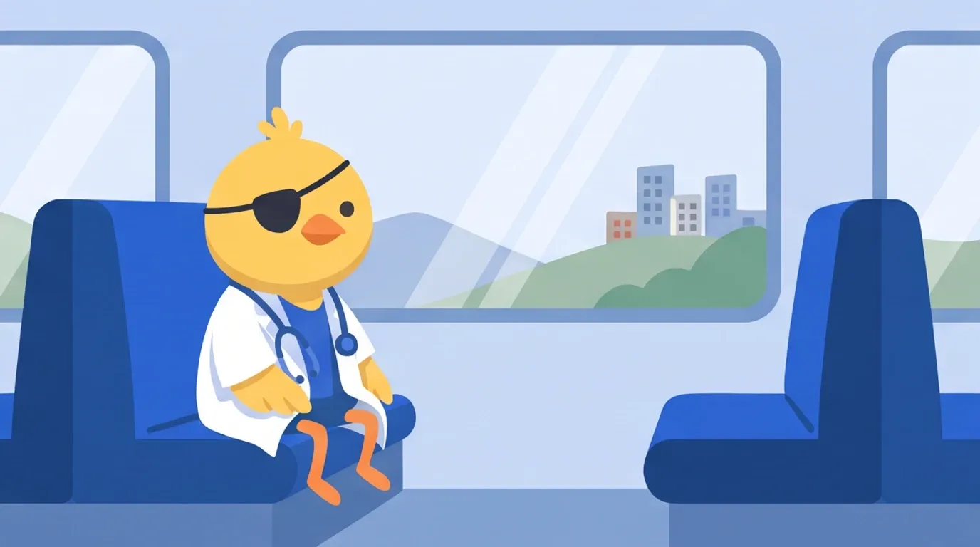 片目に眼帯をしたヒヨコの医師が、山あいを走る一両だけの電車の窓辺に座り、遠くに見える街のビルを見つめている