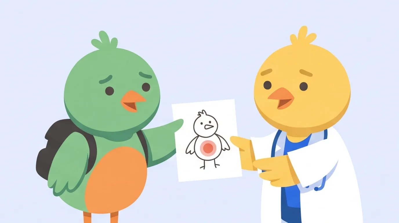 旅人の鳥が、体の絵と丸い印が描かれた一枚の紙を差し出し、ヒヨコの医師がほっとした顔で両手で受け取っている