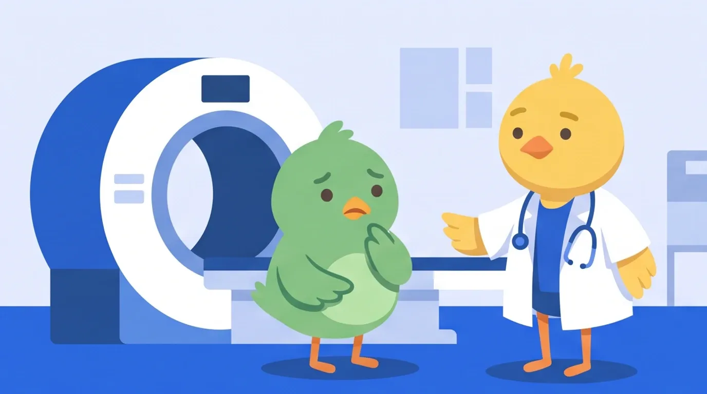 ヒヨコの医師が、輪の形の機械の手前で立ち止まり、おなかに手を当てた若い鳥の患者へ、確かめるように優しく問いかけている