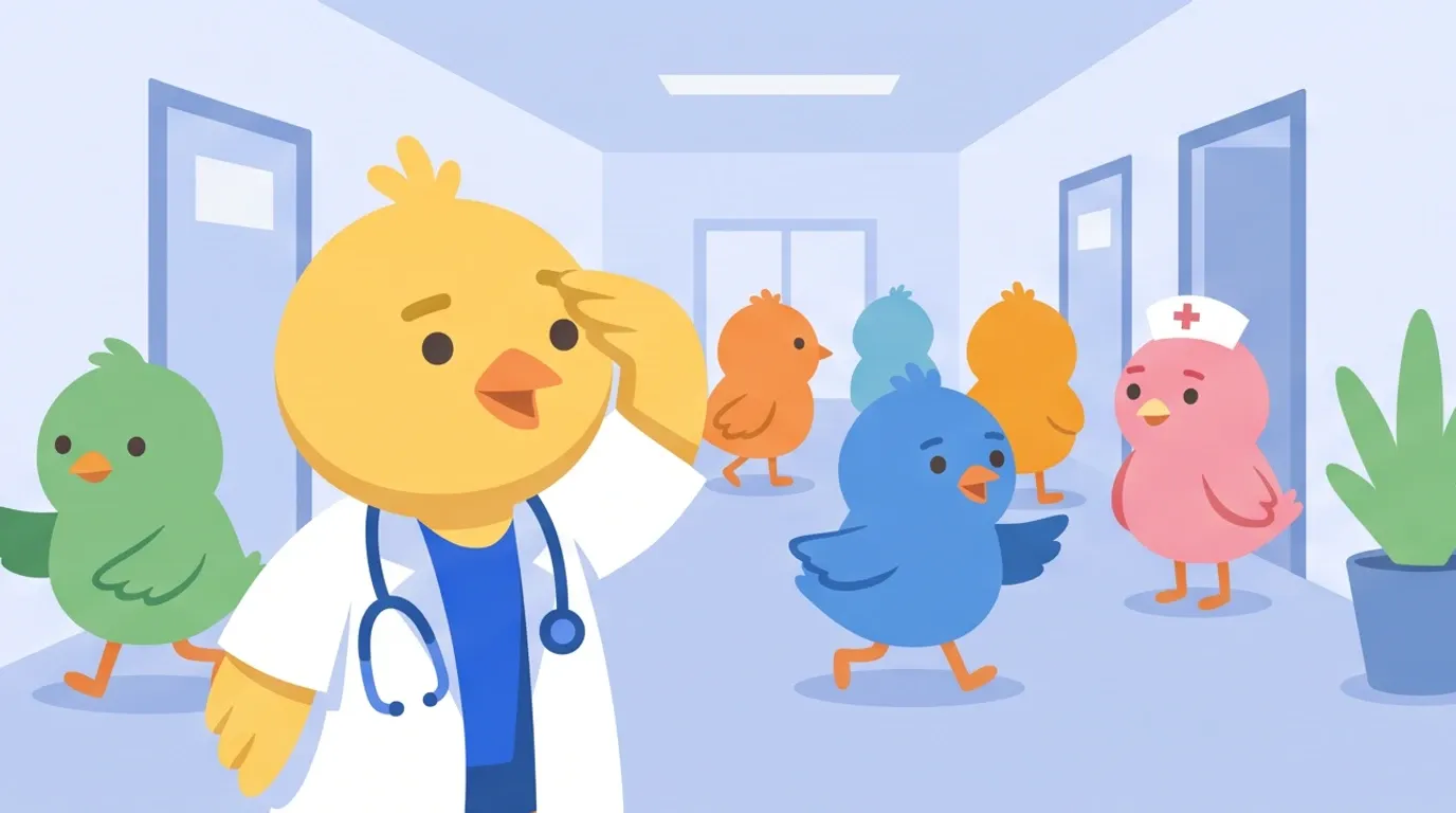 ヒヨコの医師が、看護師の帽子をかぶった桃色の鳥を探して、色違いの鳥たちが忙しく行き交う病院の廊下を見回している