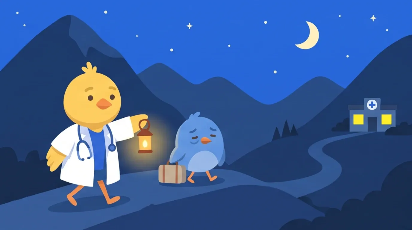 ヒヨコの医師が、夜の山あいの道でランタンを掲げ、旅行かばんを持った青い鳥を、一軒だけ窓の明るい小さな病院へ案内している